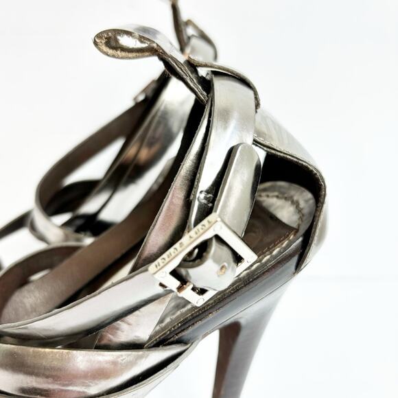 TORY BURCH METALLIC PEWTER STRAPPY HEELED SANDALS SIZE 10 - Picture 2 of 8